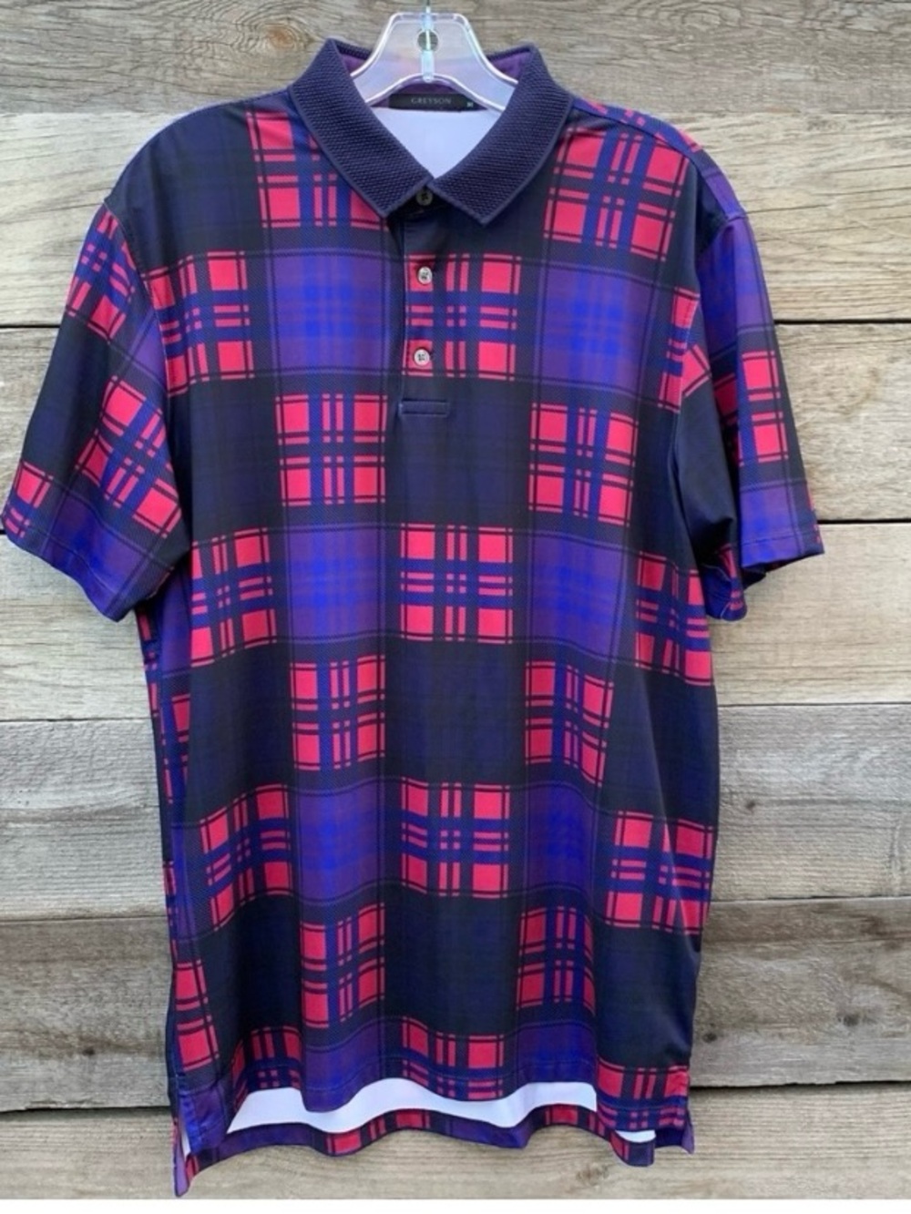 Greyson Golf Shirt Polo Men M Performance Tartan Plaid All Over Print AOP Preppy